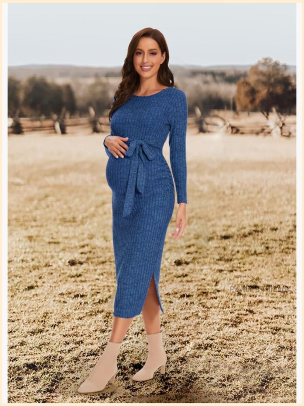 Crewneck Maternity Sweater Dress Rib Knit Long Sleeve Slit Dress with Belt - Picture 4 of 7
